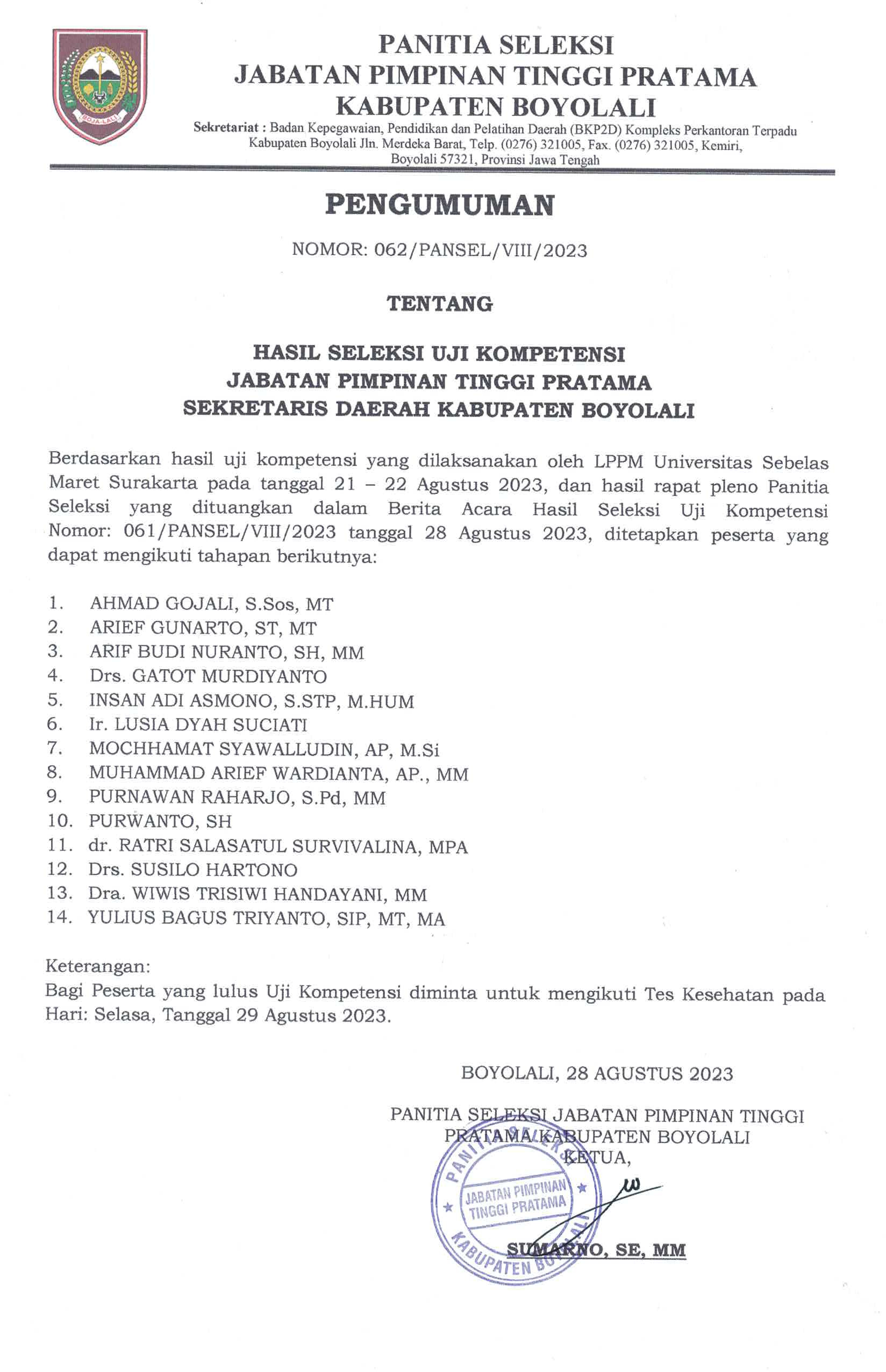 Pengumuman Seleksi Uji Kompetensi JPT Pratama Sekretaris Daerah Kab. Boyolali Tahun 2023
